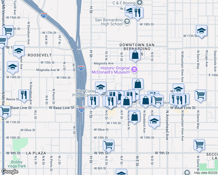 map of restaurants, bars, coffee shops, grocery stores, and more near 694 West 13th Street in San Bernardino