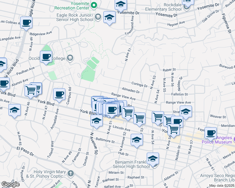 map of restaurants, bars, coffee shops, grocery stores, and more near 5050 Range View Avenue in Los Angeles