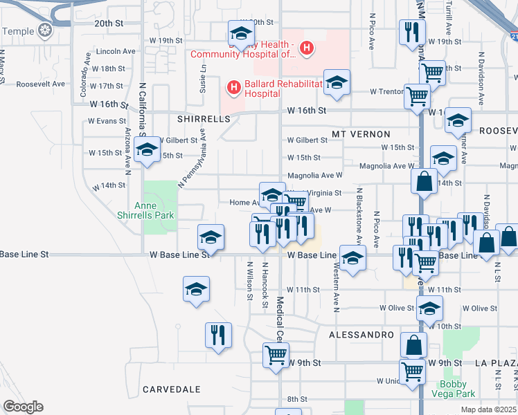 map of restaurants, bars, coffee shops, grocery stores, and more near 1665 Home Avenue West in San Bernardino