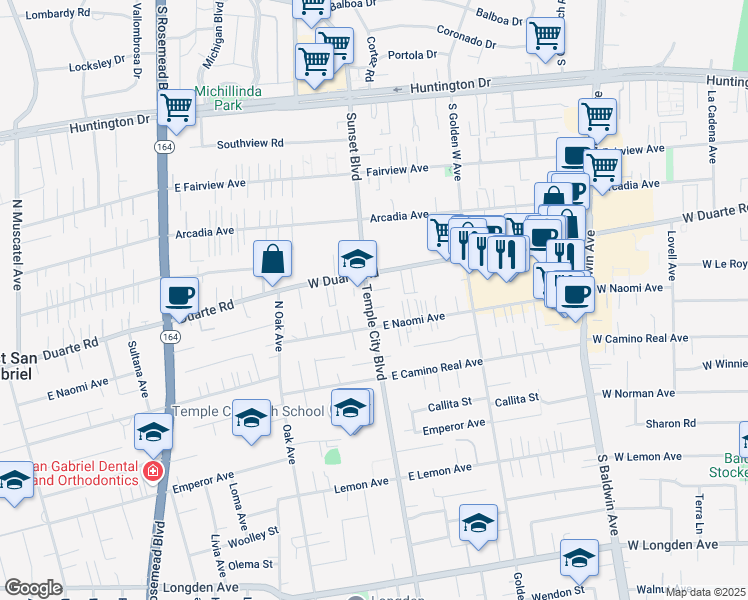 map of restaurants, bars, coffee shops, grocery stores, and more near 1228 Temple City Boulevard in Arcadia