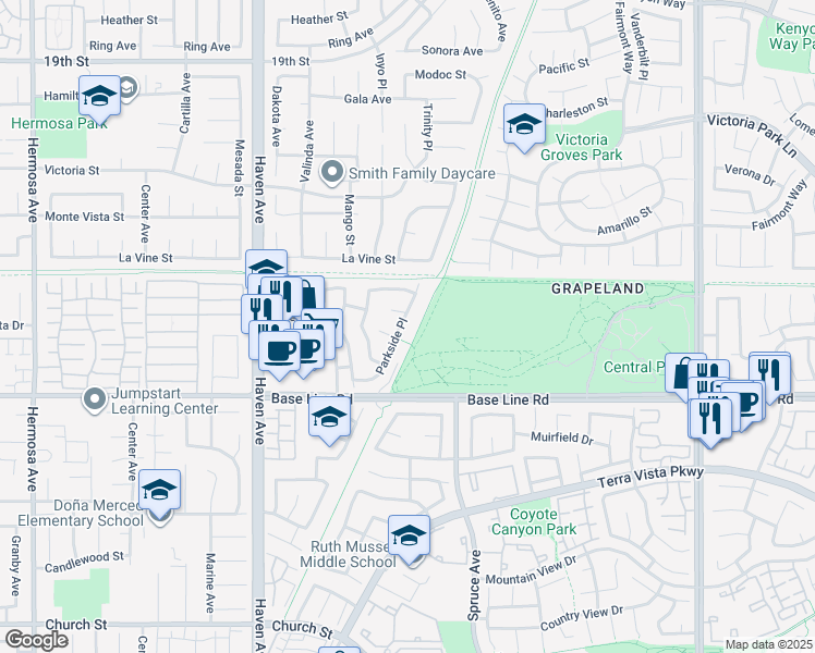 map of restaurants, bars, coffee shops, grocery stores, and more near 7191 Parkside Place in Rancho Cucamonga