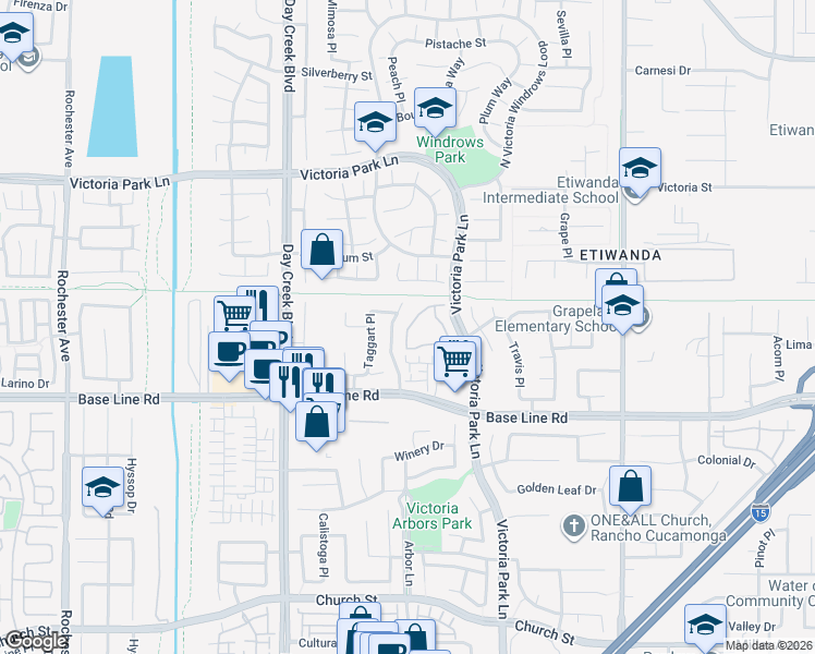 map of restaurants, bars, coffee shops, grocery stores, and more near 7199 San Carmela Court in Rancho Cucamonga