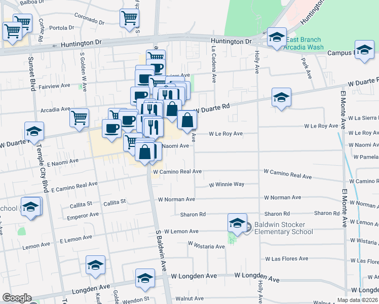 map of restaurants, bars, coffee shops, grocery stores, and more near 1401 Lovell Avenue in Arcadia