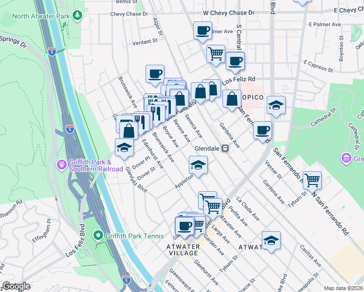 map of restaurants, bars, coffee shops, grocery stores, and more near 3903 Boyce Avenue in Los Angeles