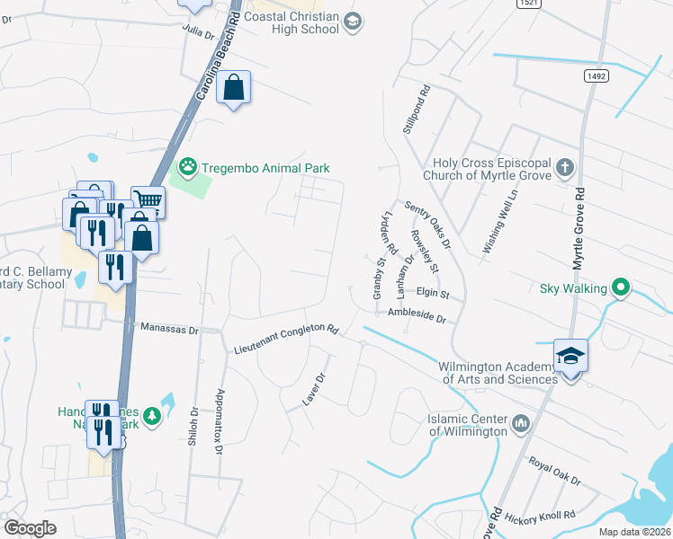 map of restaurants, bars, coffee shops, grocery stores, and more near 6108 Ambleside Drive in Wilmington