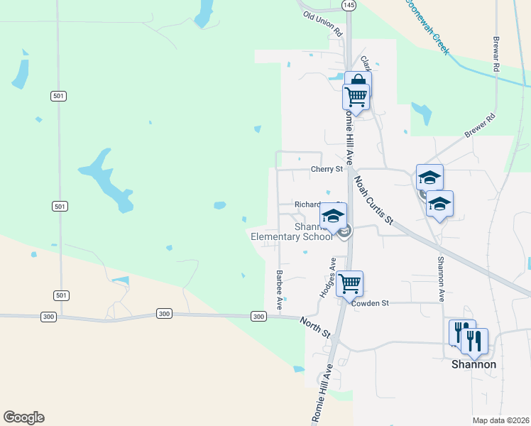 map of restaurants, bars, coffee shops, grocery stores, and more near 106 Burks Drive in Shannon