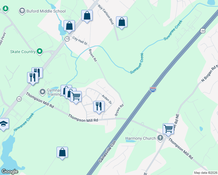 map of restaurants, bars, coffee shops, grocery stores, and more near 2893 Vernon Court in Buford