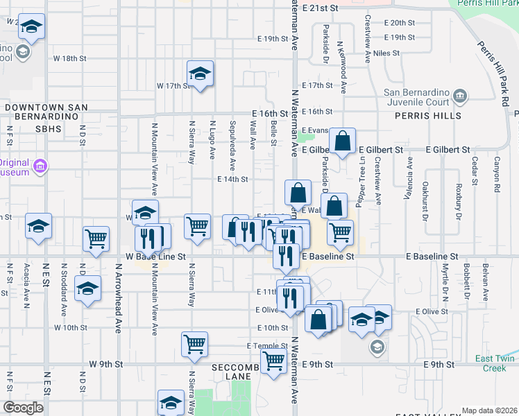 map of restaurants, bars, coffee shops, grocery stores, and more near 1327 Wall Avenue in San Bernardino