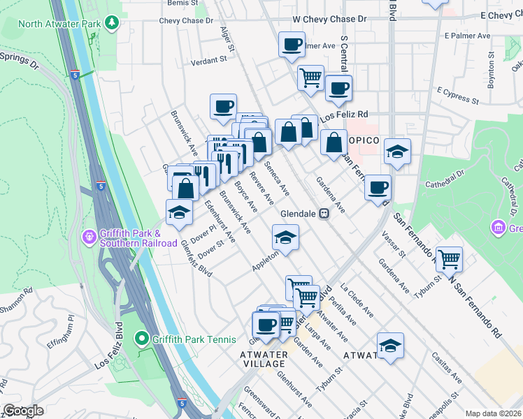 map of restaurants, bars, coffee shops, grocery stores, and more near 3903 Boyce Avenue in Los Angeles