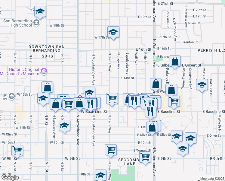 map of restaurants, bars, coffee shops, grocery stores, and more near 1319 North Sierra Way in San Bernardino