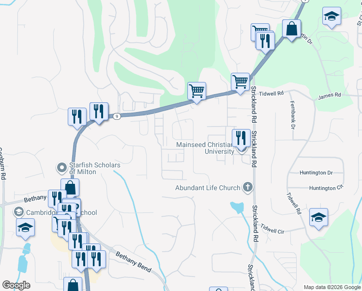 map of restaurants, bars, coffee shops, grocery stores, and more near 3394 Galleon Drive in Alpharetta