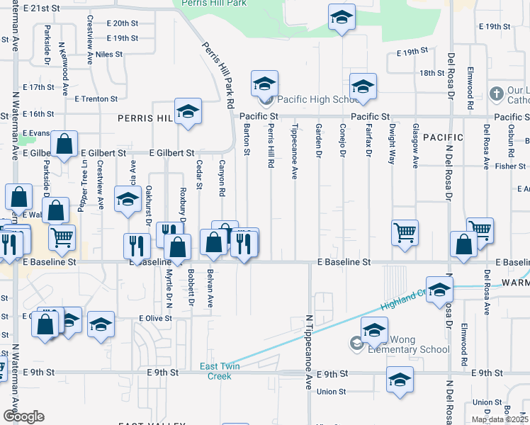 map of restaurants, bars, coffee shops, grocery stores, and more near 7174 Perris Hill Road in San Bernardino