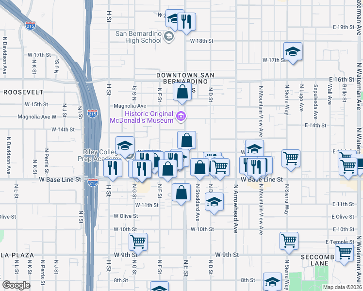 map of restaurants, bars, coffee shops, grocery stores, and more near 1303 North E Street in San Bernardino