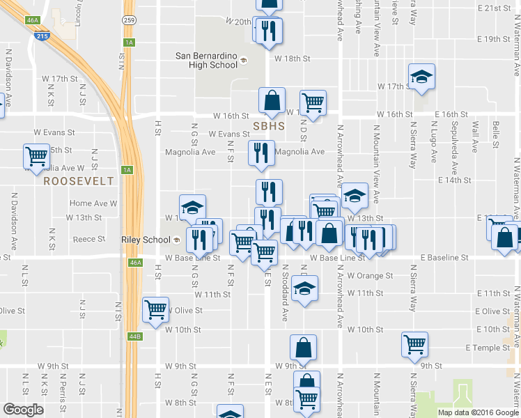 map of restaurants, bars, coffee shops, grocery stores, and more near 1303 North E Street in San Bernardino