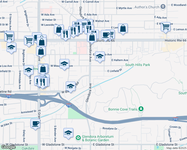 map of restaurants, bars, coffee shops, grocery stores, and more near 904 South Danehurst Avenue in Glendora