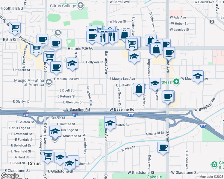 map of restaurants, bars, coffee shops, grocery stores, and more near 19020 East Duell Street in Glendora