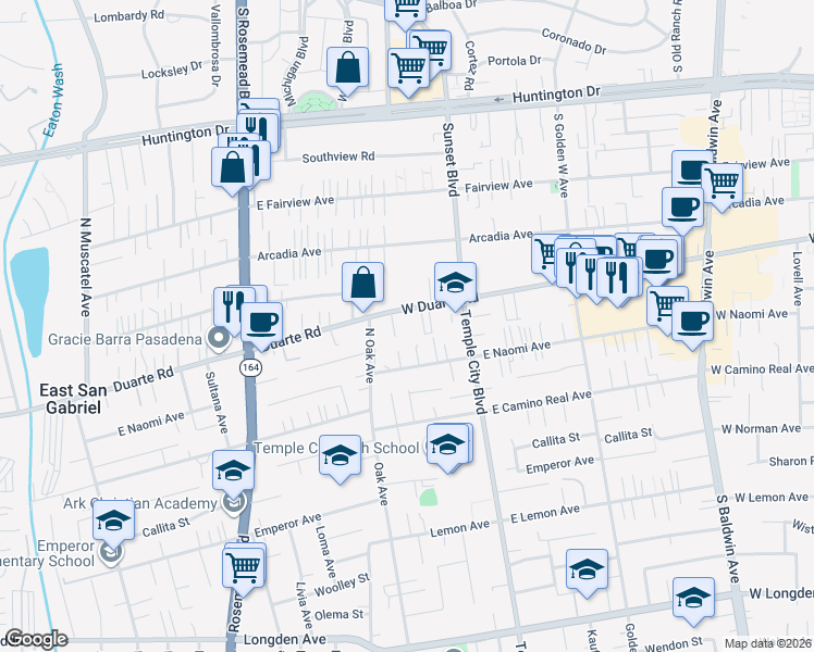 map of restaurants, bars, coffee shops, grocery stores, and more near 1150 West Duarte Road in Arcadia