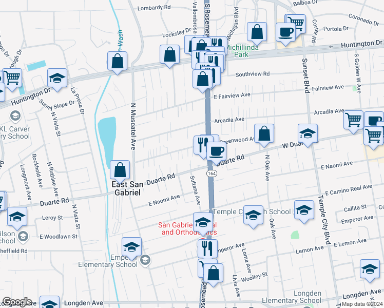 map of restaurants, bars, coffee shops, grocery stores, and more near 6925 Rosemead Boulevard in San Gabriel