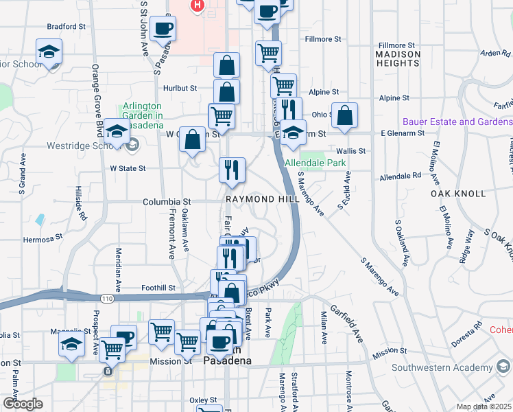 map of restaurants, bars, coffee shops, grocery stores, and more near 1625 Raymond Hill Road in South Pasadena