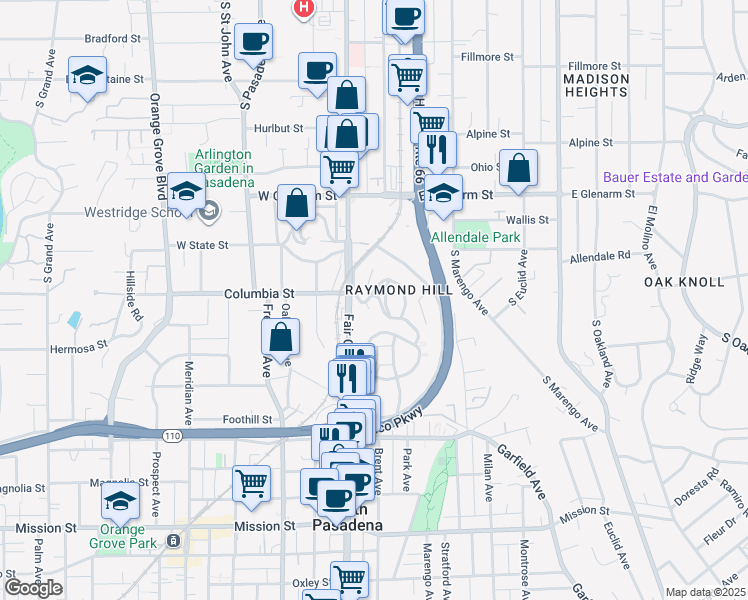 map of restaurants, bars, coffee shops, grocery stores, and more near 1625 Raymond Hill Road in South Pasadena