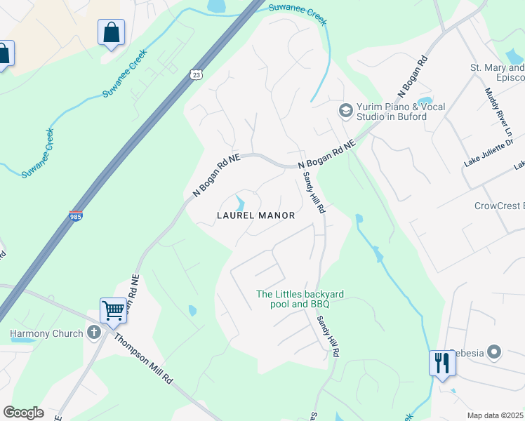 map of restaurants, bars, coffee shops, grocery stores, and more near 3317 Sweet Leaf Lane in Buford