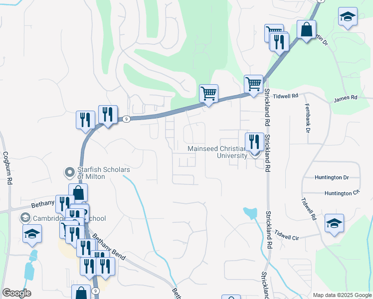 map of restaurants, bars, coffee shops, grocery stores, and more near 3391 Galleon Drive in Alpharetta