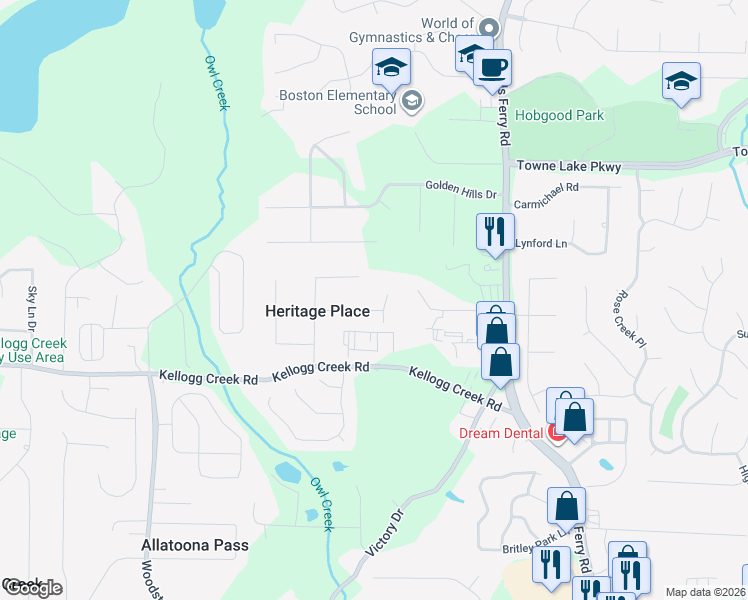 map of restaurants, bars, coffee shops, grocery stores, and more near 1488 Heritage Way in Acworth