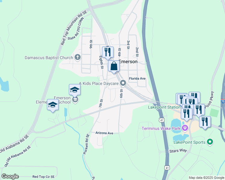 map of restaurants, bars, coffee shops, grocery stores, and more near 724 Georgia 293 in Emerson