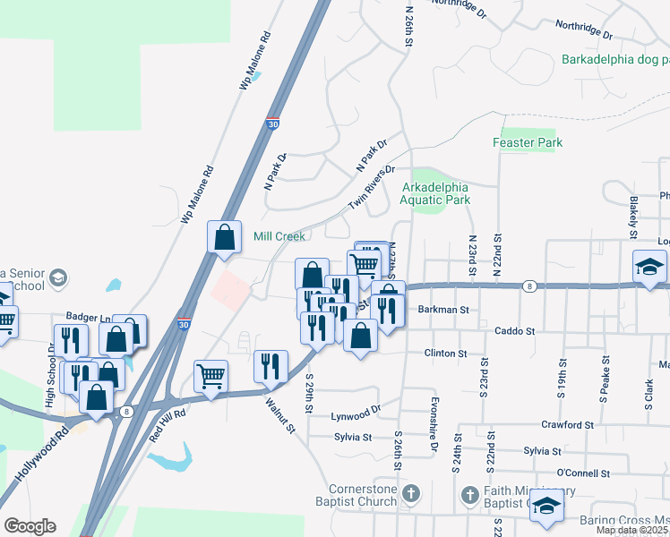 map of restaurants, bars, coffee shops, grocery stores, and more near 11 Cypress Road in Arkadelphia