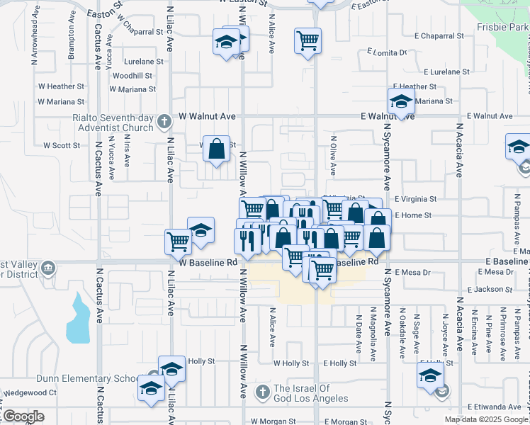 map of restaurants, bars, coffee shops, grocery stores, and more near 1369 North Willow Avenue in Rialto