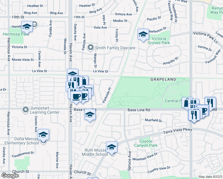 map of restaurants, bars, coffee shops, grocery stores, and more near 7191 Parkside Place in Rancho Cucamonga