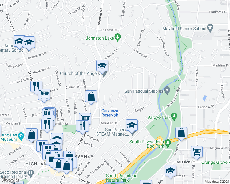 map of restaurants, bars, coffee shops, grocery stores, and more near 6565 Pickwick Street in Los Angeles