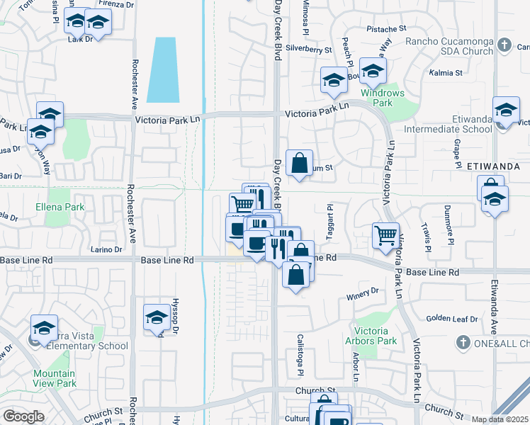 map of restaurants, bars, coffee shops, grocery stores, and more near 12250 Firehouse Court in Rancho Cucamonga