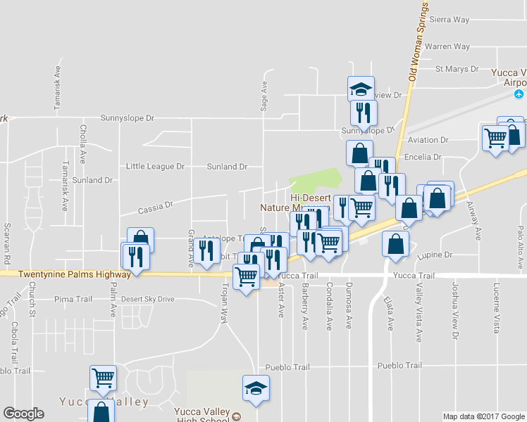 map of restaurants, bars, coffee shops, grocery stores, and more near 7132 Sage Avenue in Yucca Valley