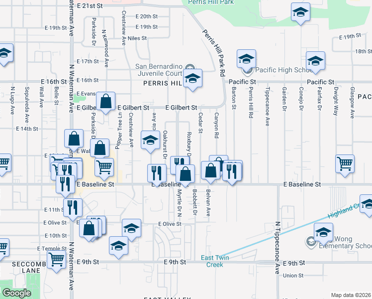 map of restaurants, bars, coffee shops, grocery stores, and more near 1301 Roxbury Drive in San Bernardino