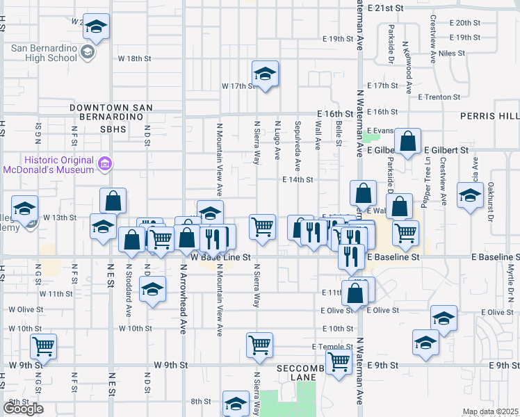 map of restaurants, bars, coffee shops, grocery stores, and more near 1319 North Sierra Way in San Bernardino