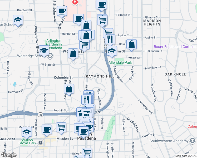 map of restaurants, bars, coffee shops, grocery stores, and more near 204 Cedar Crest Avenue in South Pasadena