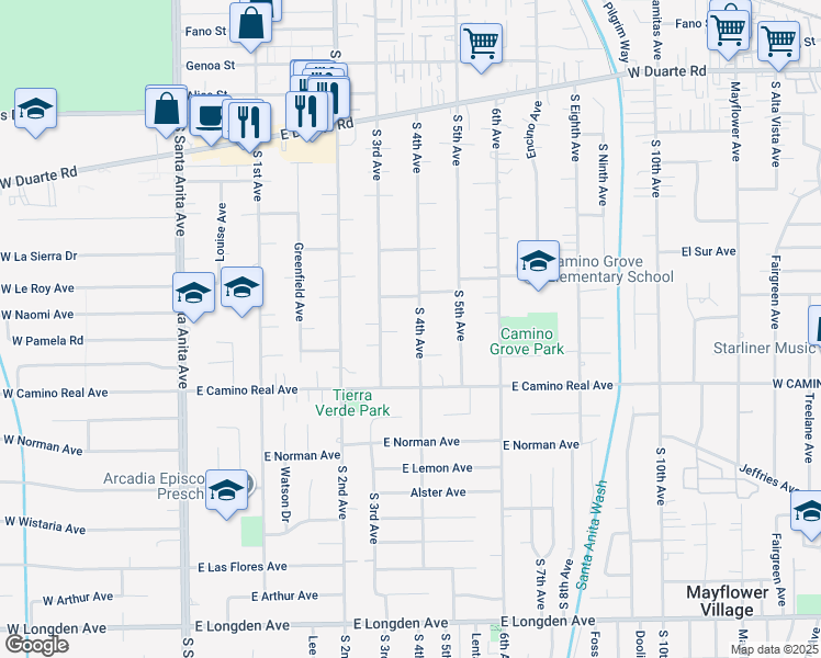 map of restaurants, bars, coffee shops, grocery stores, and more near 1419 South 4th Avenue in Arcadia