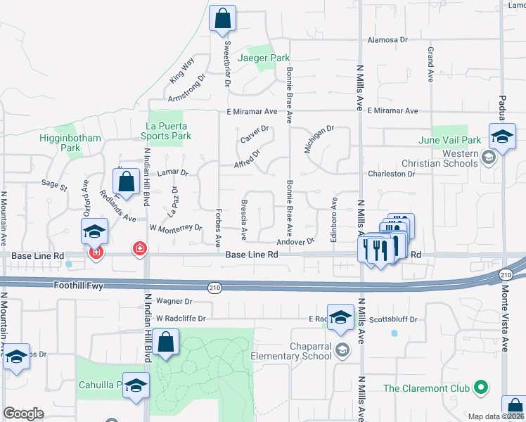 map of restaurants, bars, coffee shops, grocery stores, and more near 2178 Ursinus Circle in Claremont