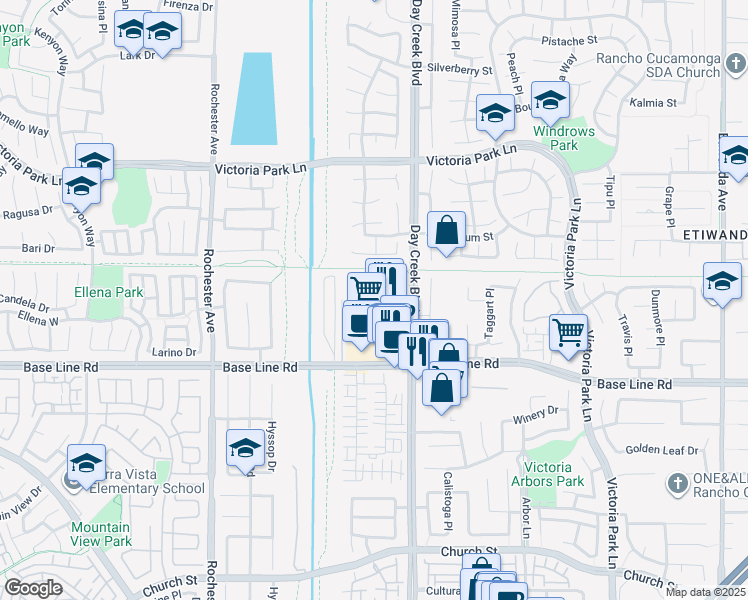map of restaurants, bars, coffee shops, grocery stores, and more near 12250 Firehouse Court in Rancho Cucamonga