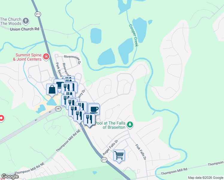 map of restaurants, bars, coffee shops, grocery stores, and more near 6615 White Walnut Way in Braselton