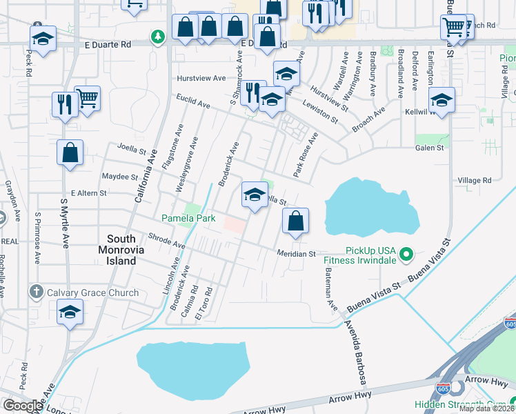 map of restaurants, bars, coffee shops, grocery stores, and more near 2220 Mountain Avenue in Duarte