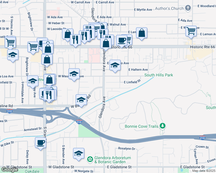 map of restaurants, bars, coffee shops, grocery stores, and more near 904 South Danehurst Avenue in Glendora
