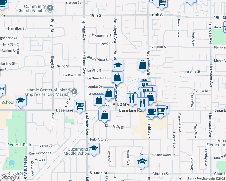 map of restaurants, bars, coffee shops, grocery stores, and more near 7166 Amethyst Avenue in Rancho Cucamonga