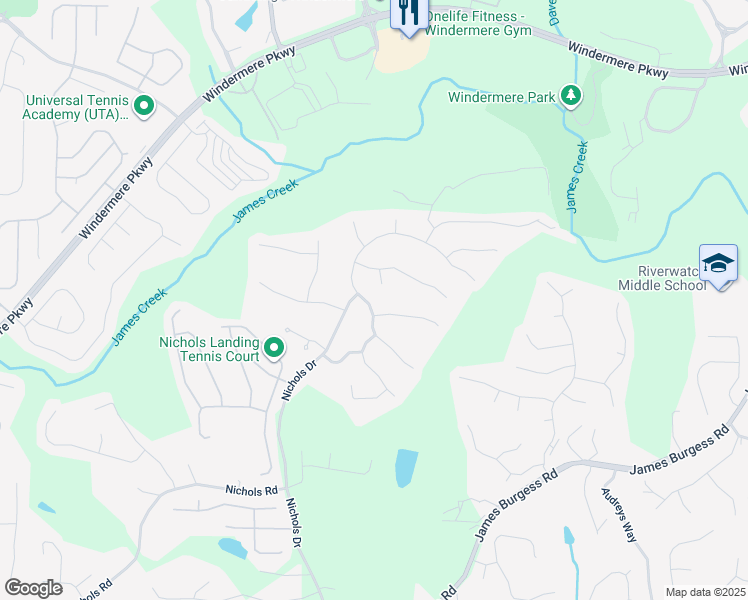 map of restaurants, bars, coffee shops, grocery stores, and more near 615 Moonlight Way in Suwanee