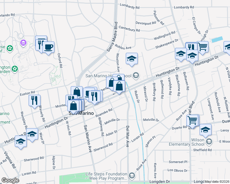 map of restaurants, bars, coffee shops, grocery stores, and more near 2445 Huntington Drive in San Marino