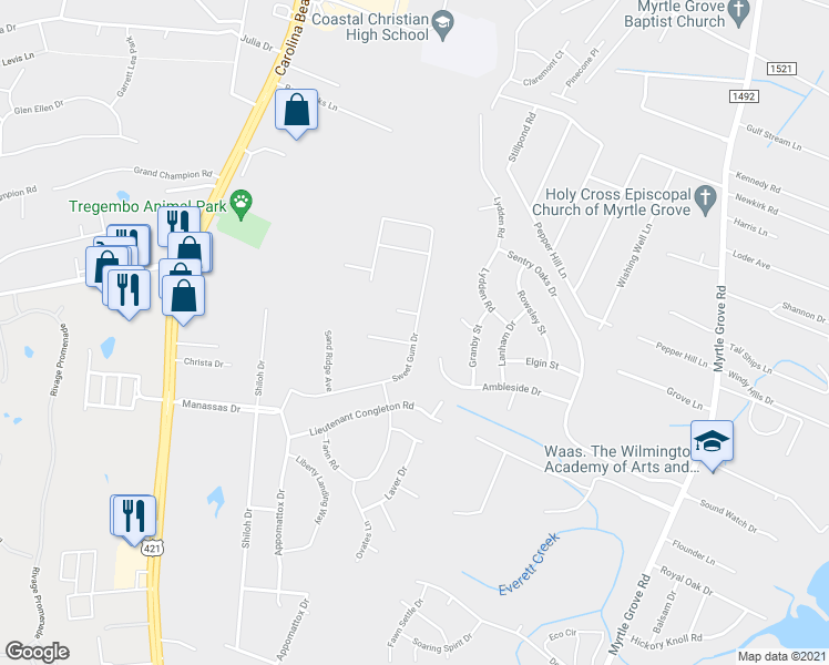 map of restaurants, bars, coffee shops, grocery stores, and more near 6005 Sweet Gum Drive in Wilmington
