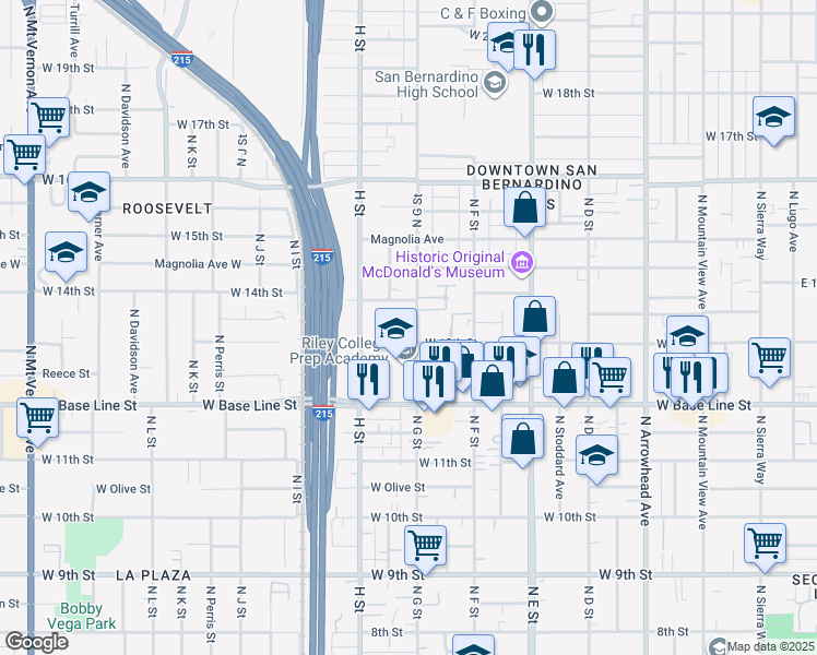 map of restaurants, bars, coffee shops, grocery stores, and more near 1324 North G Street in San Bernardino