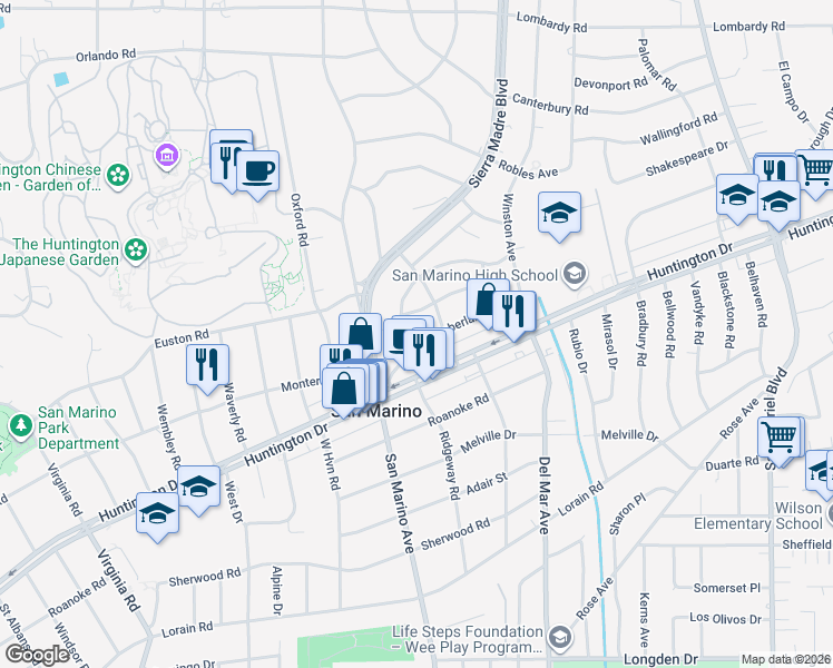 map of restaurants, bars, coffee shops, grocery stores, and more near 2265 Ridgeway Road in San Marino