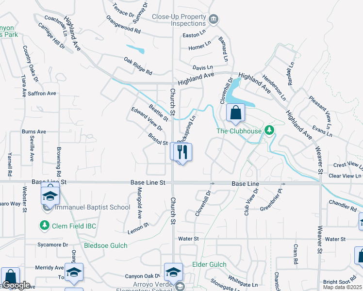 map of restaurants, bars, coffee shops, grocery stores, and more near 7149 Rockspring Lane in Highland
